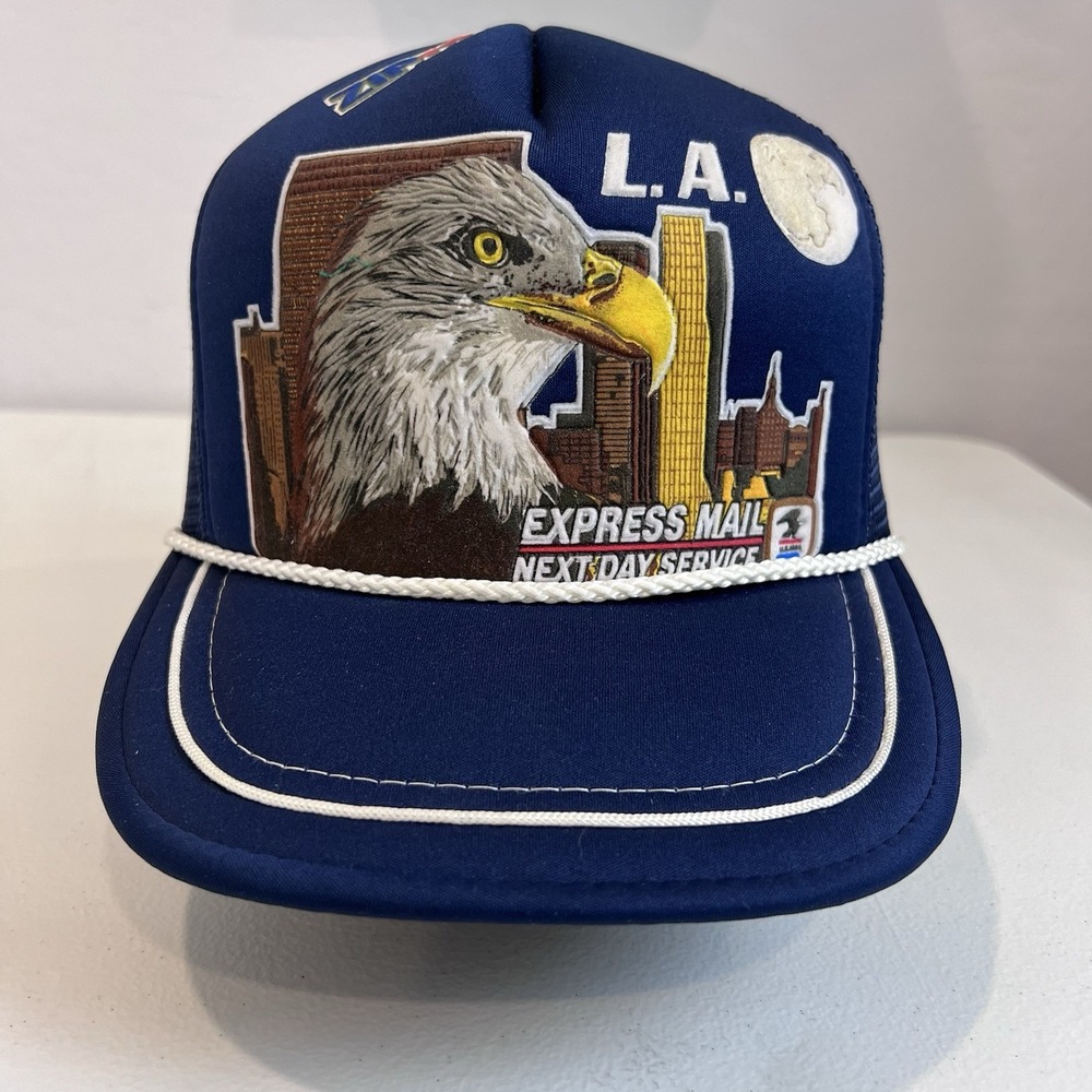 USPS Express Mail Overnight Snapback Trucker Hat Cap Blue Eagle 90s Rope LA
